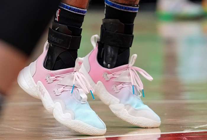 Hawks guard Trae Young wears the Adidas Trae Young 1 'Icee Cotton Candy' sneakers against the Miami Heat on January 21, 2022.